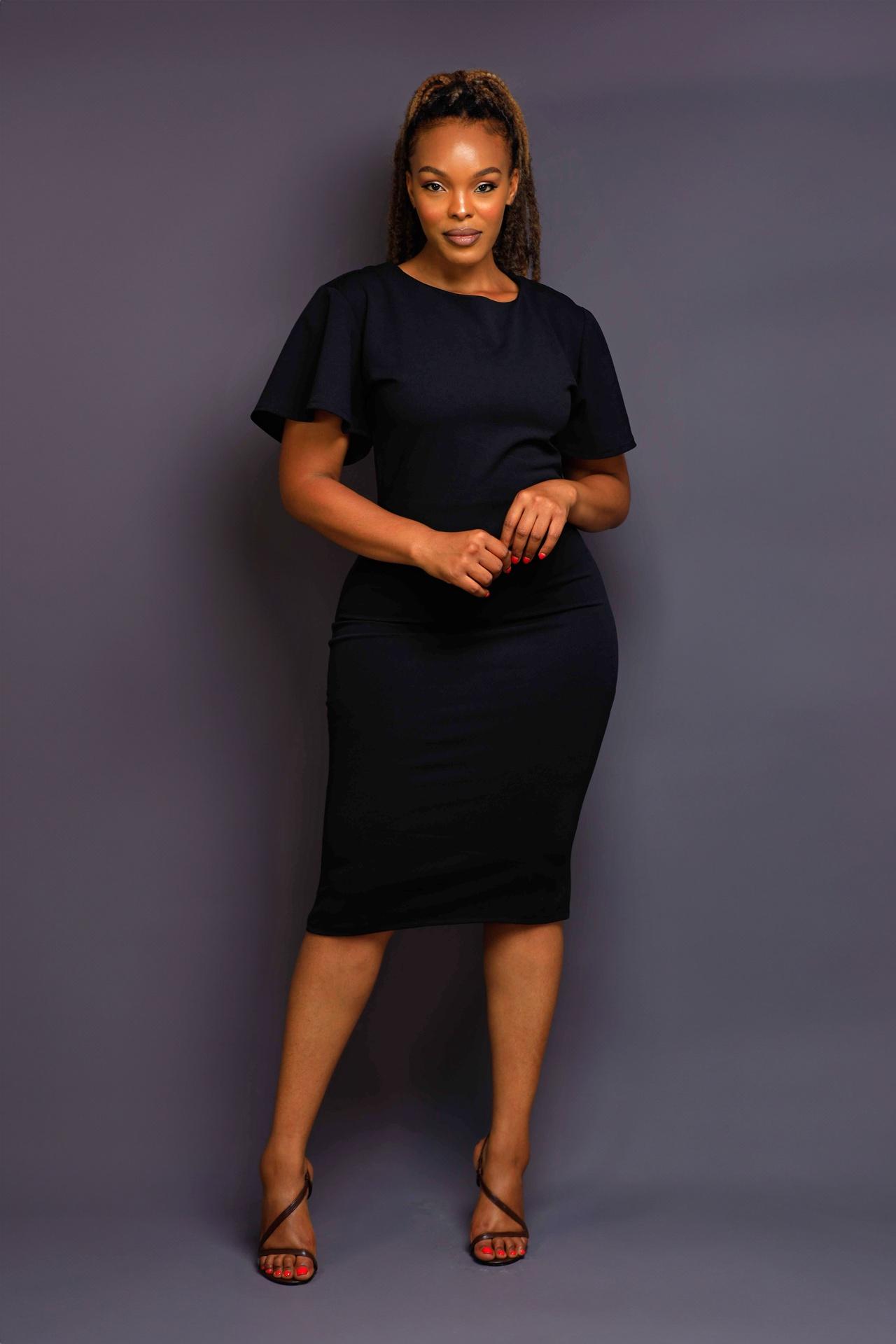 Office Dress with Ruffles  in Black