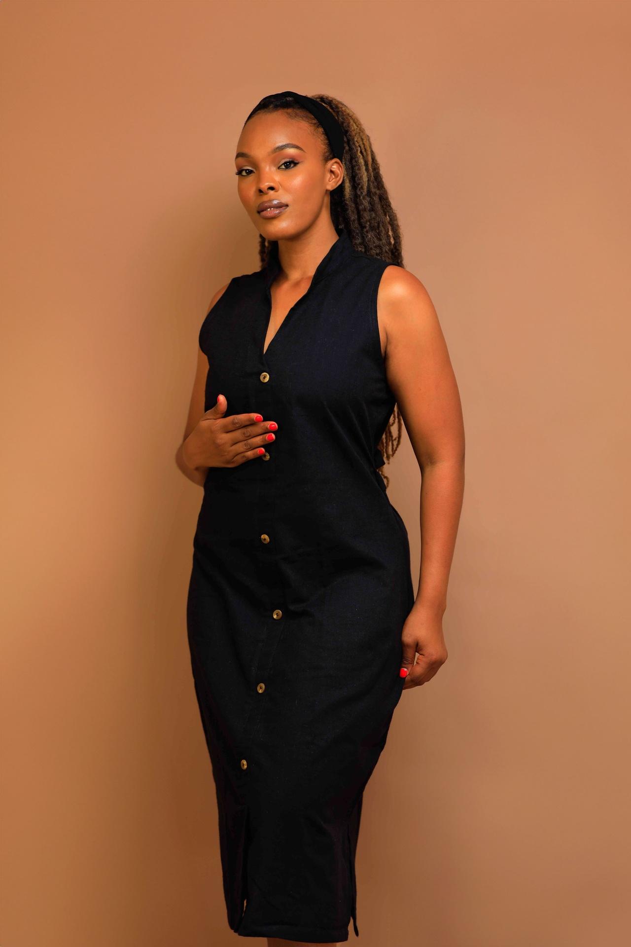 100% Cotton Button Shirt Dress in Black