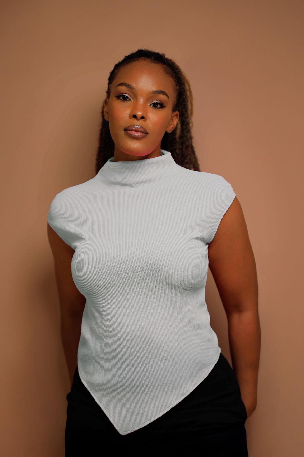 Asymmetric High Neck Top in White