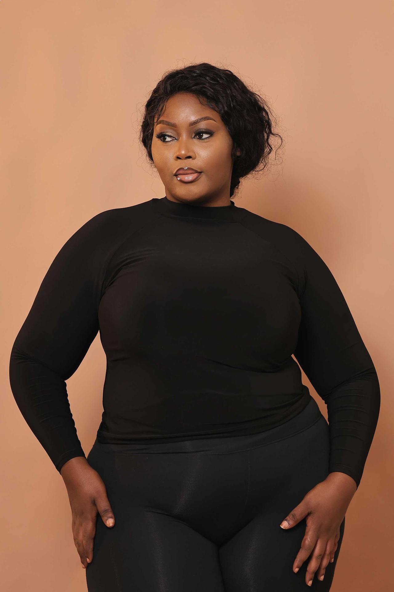 Long-Sleeve High-Neck Basic Top in Black